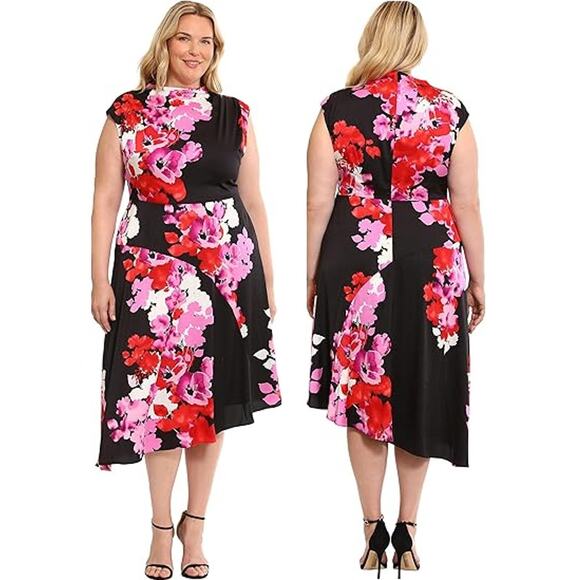Maggy London Woman Multi Black Floral Asymmetric Charmeuse Midi Dress 24W NWT - Picture 1 of 13